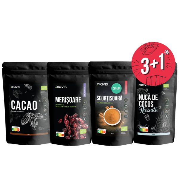 Pachet Cacao Pulbere Ecologica 250g + Merisoare Ecologice 125g + Scortisoara Pulbere Ecologica 60g + Cadou Nuca de cocos Razuita ecologica 125g