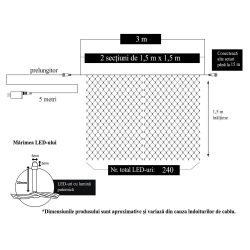 Instalatie Craciun, Tip Plasa, 3 m x 1.5 m, 240 LED-uri, Albastru, 8 jocuri de lumini, Transformator, Interconectabila, Prelungitor 5 m inclus, Fir transparent, Flippy - imagine 6