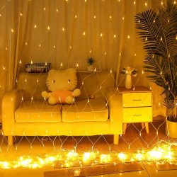 Instalatie Craciun, Tip Plasa, 4 m x 2 m, 320 LED-uri, Alb cald, 8 jocuri de lumini, Transformator, Interconectabila, Prelungitor 3 m inclus, Fir transparent, Flippy - imagine 4