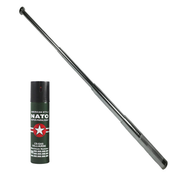 Baston telescopic 65 cm, argintiu, 4 sectiuni, cadou spray NATO 60 ml