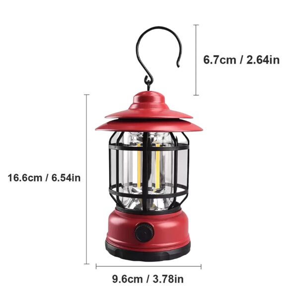 Lampa portabila camping, Felinar Vintage cu carlig, ABS, Iluminare 21 COB LED, Intensitate reglabila, 5W, Flippy, Rosu - imagine 3