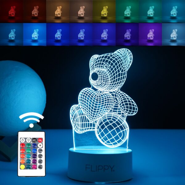 Lampa LED decorativa, Flippy, 3D, ursulet, din material acril si lumina multicolora, alb