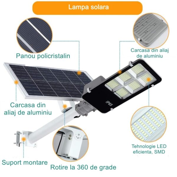 Lampa solara stradala Flippy, IP65, senzor de lumina, 417 LED-uri SMD, 24000 lm, 300W, autonomie 12-16 ore, telecomanda, montare prin fixare, pentru strada sau gradina, finisaj lucios, material ABS, 49.5 x 21 x 6.5 cm, lumina alb rece - imagine 4