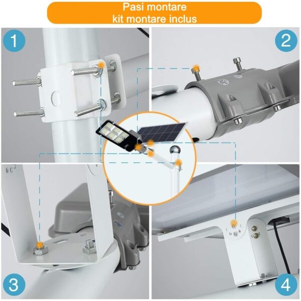 Lampa solara stradala Flippy, IP65, senzor de lumina, 417 LED-uri SMD, 24000 lm, 300W, autonomie 12-16 ore, telecomanda, montare prin fixare, pentru strada sau gradina, finisaj lucios, material ABS, 49.5 x 21 x 6.5 cm, lumina alb rece - imagine 5