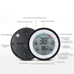 Termometru cu higrometru digital, display lcd, control touch, 9 cm, negru - imagine 3