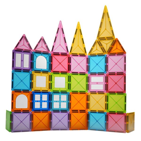 Set 88 Piese Magnetice de Constructie, Flippy, Piese 5.5 cm, Magnetic Tiles, Forme Geometrice, 3 Ani, ABS, Magnet, 27.5 x 21.5 x 17 cm, Multicolor