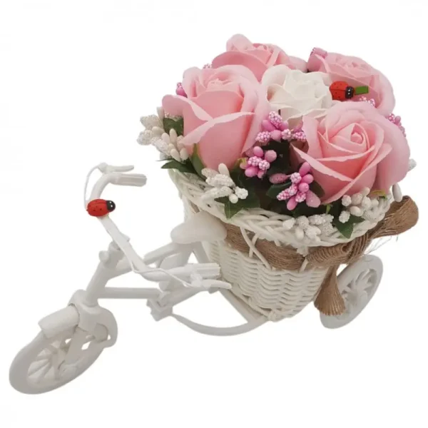 Aranjament Floral Gravat Personalizat Cu Textul Tau Trandafiri "bicicleta Cu Flori Zambarete", Flori De Sapun, 22x15x12 Cm - imagine 2