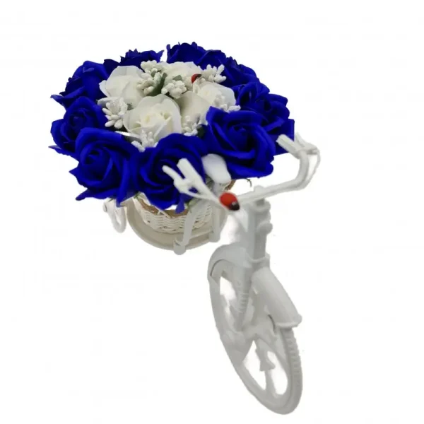 Aranjament Floral Trandafiri "bicicleta Cu Flori Zambarete", Flori De Sapun, Albastru Cu Alb, 30x17x15 Cm