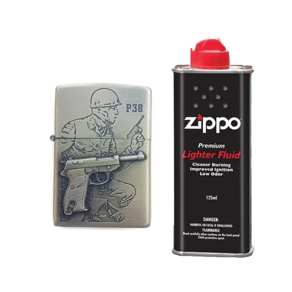 Bricheta Tip Zippo, 3d Relief, Metalica, Soldat Pistol P38 Si Lichid Zippo 125 Ml