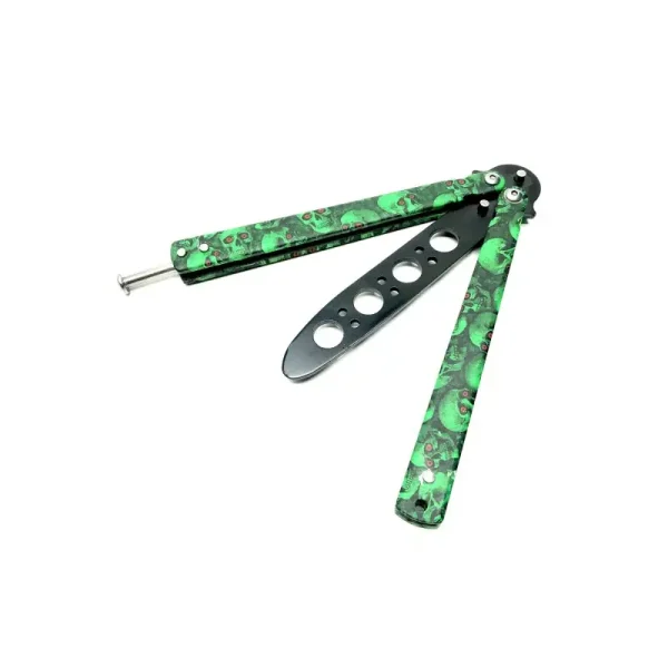 Cutit Fluture Butterfly, Balisong 22 Cm, Verde, Cranii, Fara Tais, De Antrenament - imagine 2