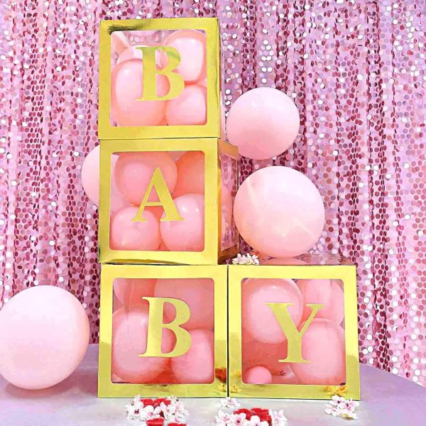 Set 4 Cutii pentru Baloane, Flippy, Model Simplu, Tematica Aniversare, Cuburi Decorative din Plastic, Accesorii pentru Petrecere, 30 x30 cm, Transparente Contur Auriu - imagine 2