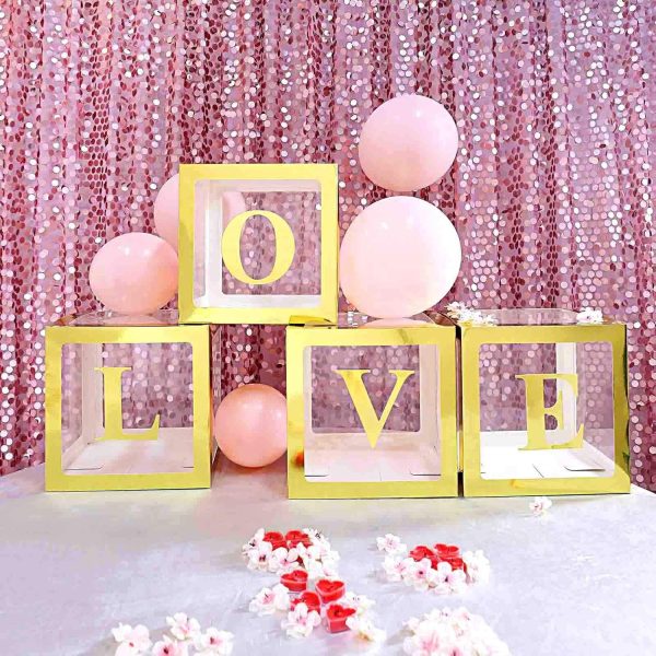 Set 4 Cutii pentru Baloane, Flippy, Model Simplu, Tematica Aniversare, Cuburi Decorative din Plastic, Accesorii pentru Petrecere, 30 x30 cm, Transparente Contur Auriu - imagine 4