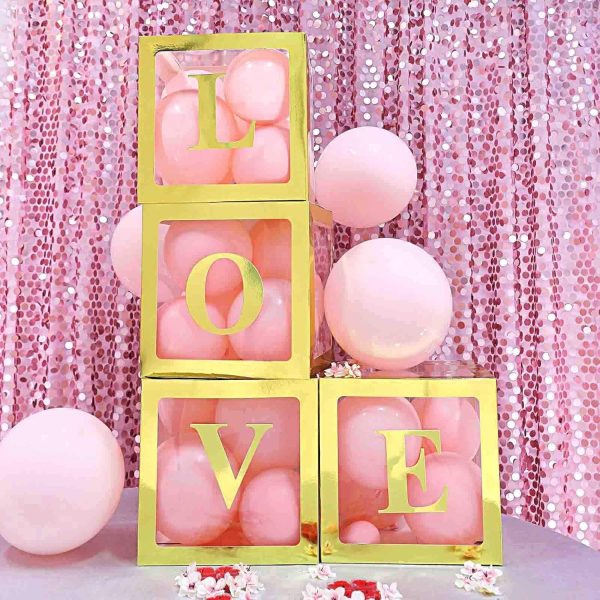 Set 4 Cutii pentru Baloane, Flippy, Model Simplu, Tematica Aniversare, Cuburi Decorative din Plastic, Accesorii pentru Petrecere, 30 x30 cm, Transparente Contur Auriu - imagine 6