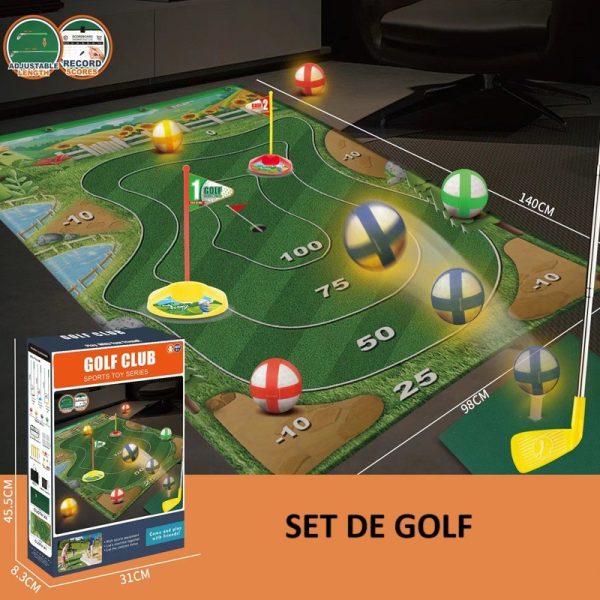 Set de Golf, Flippy, Interactiune Parinte-Copil, Covor de Golf, 140 x 98 cm, 4 Mingii cu Scai, 3 Crose Reglabile, Model A, +3 Ani, Multicolor - imagine 2