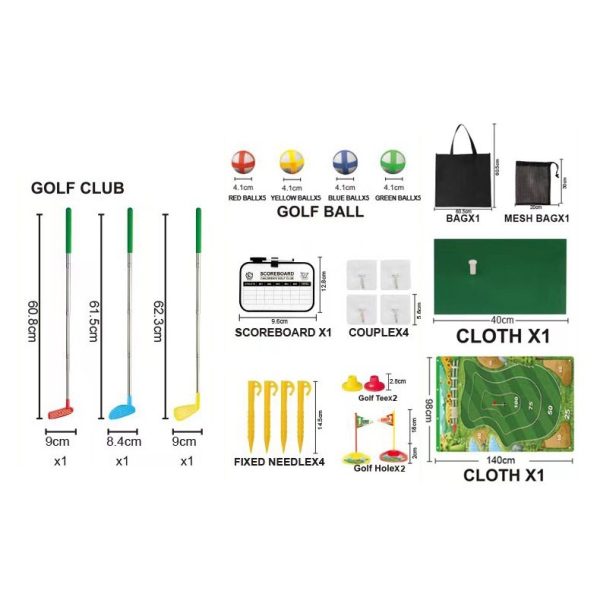 Set de Golf, Flippy, Interactiune Parinte-Copil, Covor de Golf, 140 x 98 cm, 4 Mingii cu Scai, 3 Crose Reglabile, Model A, +3 Ani, Multicolor - imagine 3