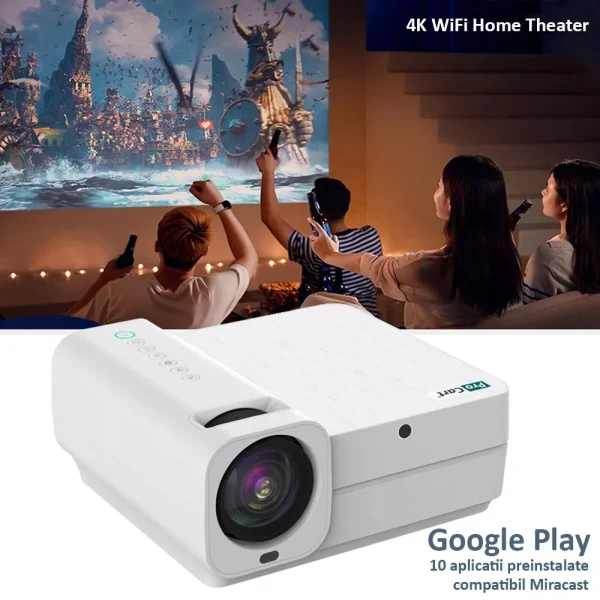 Video proiector 4k wifi home theater, google play, hdmi, usb, 7000 lm, av, micro sd, telecomanda