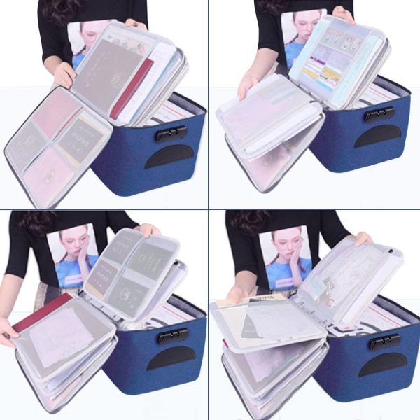 Geanta Flippy pentru Depozitare Acte si Documente, Facturi, Carduri, cu Cod de Securitate, 5 Compartimente, Impermeabila, 37 x 20 x 27 cm, Albastru - imagine 2