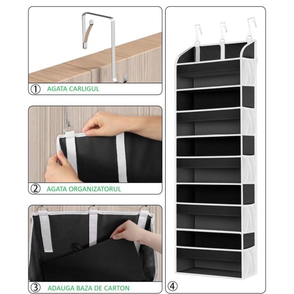 Organizator Suspendat pentru Usi, Flippy, din Nailon si Plasa, Baza de Carton Ingrosat, 5 Buzunare Principale + 10 Buzunare Laterale, 140 x 39 x 17 cm, 3 Carlige Incluse, Negru - imagine 2