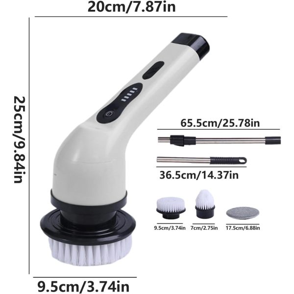 Perie Electrica de Curatare, Flippy, pentru Gresie, Baie, Bucatarie, 25x20x9.5 cm, cu 6 Capete, Maner Extensibil Detasabil 84-127cm, Incarcare USB-Type C, Rotire 360 de Grade, 3000 mAh, Culoare: Alb - imagine 6