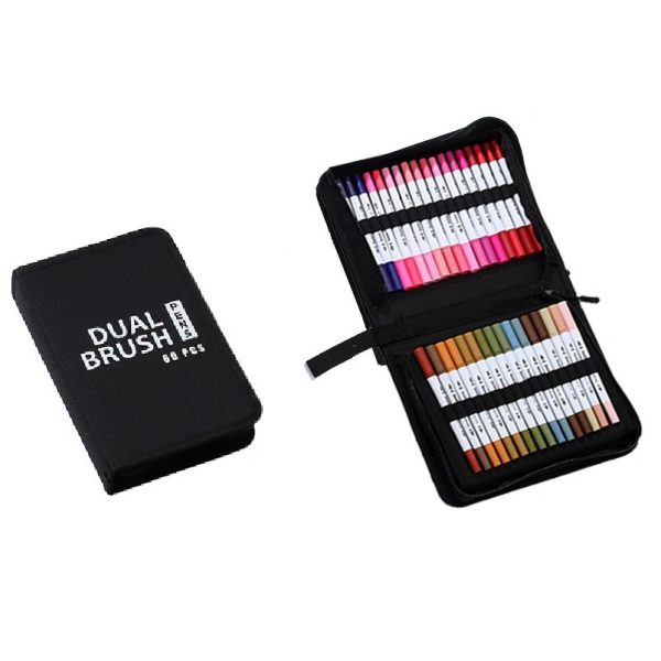 Set Carioci pe Baza de Apa, Flippy, 2 in 1, pentru Pictura, Caligrafie, 60 Culori, Penar Negru, Corp Carioca Alb, 26.5 x 17.5 x 4.5 cm, Multicolor