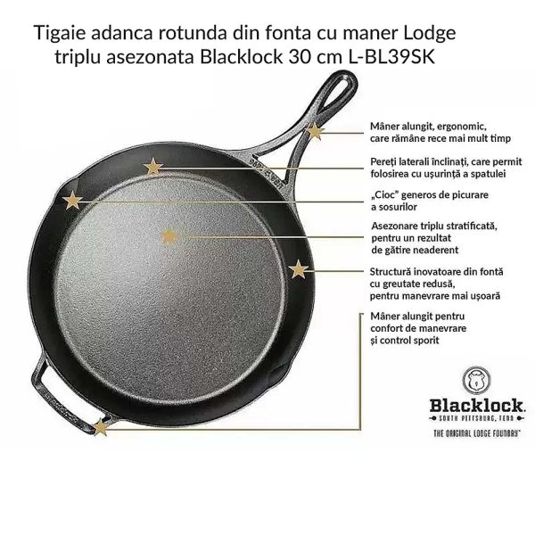 Tigaie adanca rotunda din fonta cu maner Lodge triplu asezonata Blacklock 30 cm L-BL39SK - imagine 9