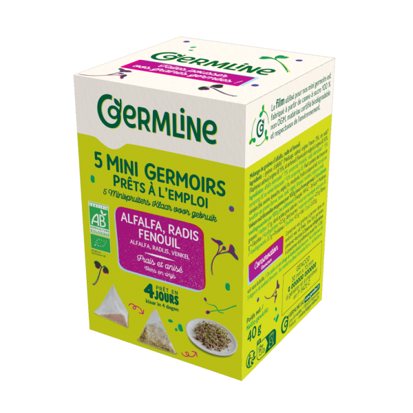 Mini germinatoare cu seminte de alfalfa, ridiche si fenicul, bio, 5 bucati x 8g, 40g, Germline