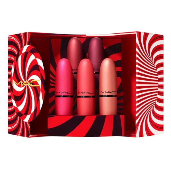 Ladies Mistletoe Set MAC: Powder Kiss, Matte, Cream Lipstick, Stealth Statement, 3 g + Powder Kiss, Matte, Cream Lipstick, Captive Audience, 3 g + Powder Kiss, Matte, Cream Lipstick, Pink And You’ll Miss It, 3 g + Powder Kiss, Matte, Cream Lipstick, Hardcoral, 3 g + Powder Kiss, Liquid Lipstick, 5 ml - For Women