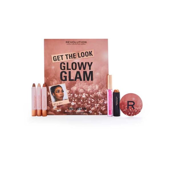 Get The Look Glowy Glam Set Makeup Revolution: Makeup Revolution, Eyeshadow Stick, 1, 2.5 g + Makeup Revolution, Eyeshadow Stick, 2, 2.5 g + Makeup Revolution, Eyeshadow Stick, 3, 2.5 g + Makeup Revolution, Highlighter Stick, 7.2 g + Compact Mirror + Makeup Revolution, Lip Oil, 2.5 ml - For Women