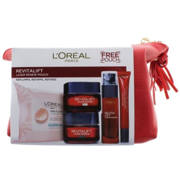 Set L'Oreal Paris: Revitalift Laser Renew, Serum, For Face, 30 ml + Revitalift Laser Renew, Hyaluronic Acid, Anti-Wrinkle, Night, Cream, For Face, 50 g + Revitalift Laser Renew, Hyaluronic Acid, Anti-Ageing, Day, Cream, For Face, 50 ml + Revitalift Laser Renew, Anti-Wrinkle, Eye Cream, 15 g + Fine Flowers, Cleansing Wipes, For Face, 25 pcs - For Women