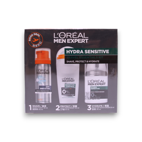 Travel Set L'Oreal Paris: Men Expert, Alcohol-Free, Hydrating and Regenerating, Day & Night, Cream, For Face, 50 ml + Men Expert, Alcohol-Free, Anti-Sweat, Deodorant Roll-On, For Men, 50 ml + Men Expert, Glycerin, Against Irritation, Shaving Foam, 50 ml - For Men