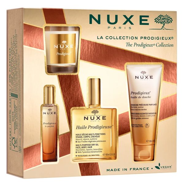 Collection Set Nuxe: Prodigieux Le Parfum, Eau De Parfum, For Women, 15 ml + Prodigieux, Shower Oil, All Over The Body, For All Skin Types, 100 ml + Huile Prodigieuse Or Multi-Purpose, Body Oil, For Face, Body & Hair, 100 ml + Prodigieux, Scented Candle, 70 g - Unisex