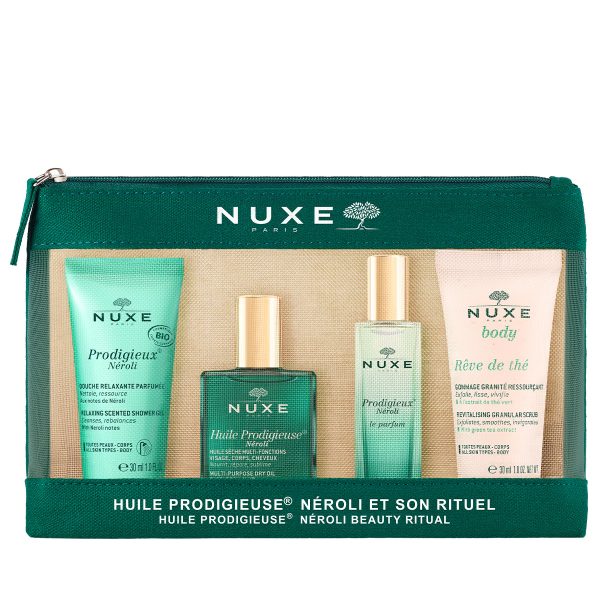 Travel Set Nuxe: Prodigieux Neroli, Shower Gel, All Over The Body, For All Skin Types, 30 ml + Prodigieux Neroli, Eau De Parfum, For Women, 15 ml *Miniature + Reve de The, Vegan, Revitalising, Body Scrub, 30 ml + Huile Prodigieuse Multi-Purpose Neroli, Body Oil, For Face, Body & Hair, 30 ml - For Women