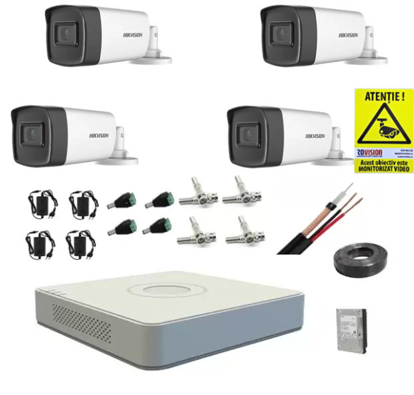 Kit sistem complet 4 camere supraveghere Hikvision 1080P 40 m IR lentila 2.8mm hard 1tb