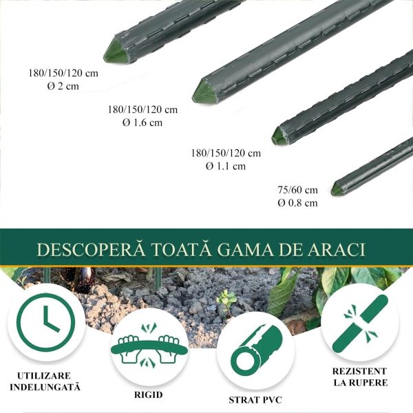 Set 20 araci/suport pentru rosii, castraveti, fasole, metal + PVC, verde, 180x1.6 cm - imagine 2