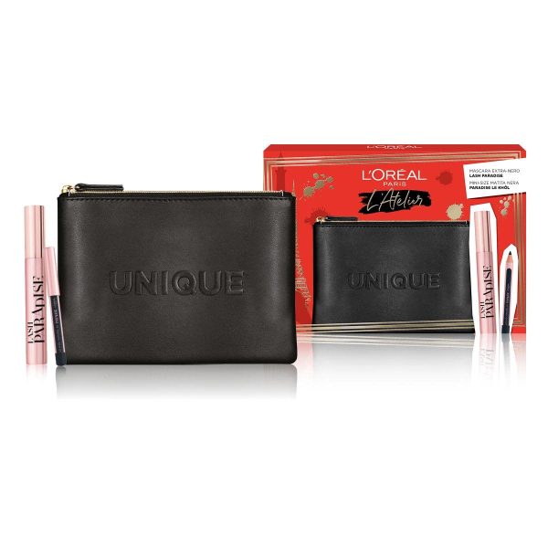 Atelier Kit Set L'Oreal Paris: Lash Paradise, Volumizing & Lengthening, Mascara, Extra Black, 6.4 ml + Paradise, Kajal Eye Pencil, 1.2 g + Textile Makeup Bag, Black - For Women