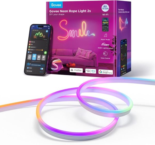 Banda LED Govee Neon Rope 2 H61D4-W RGBIC, Inteligenta, 4m, Sincronizare Muzica, Matter, Wifi, Alexa, Google Asistant - alb - imagine 2