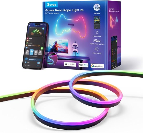 Banda LED Govee Neon Rope 2 H61D4-B RGBIC, Inteligenta, 4m, Sincronizare Muzica, Matter, Wifi, Alexa, Google Asistant -negru