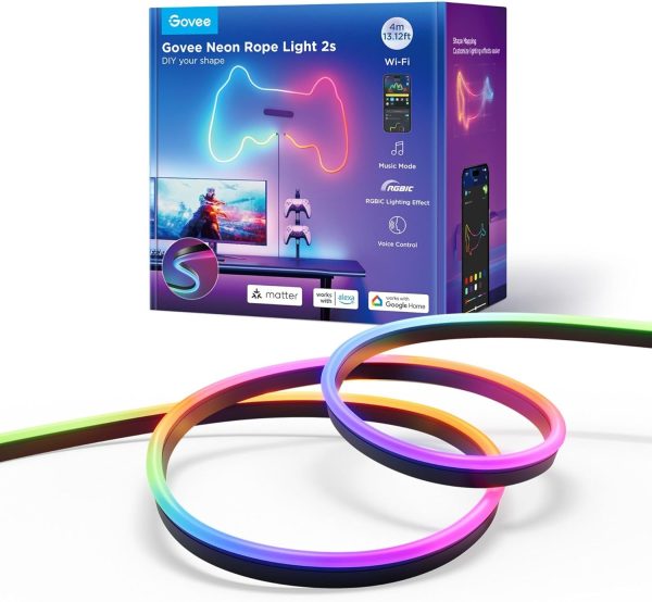 Banda LED Govee Neon Rope 2 H61D4-B RGBIC, Inteligenta, 4m, Sincronizare Muzica, Matter, Wifi, Alexa, Google Asistant -negru - imagine 2