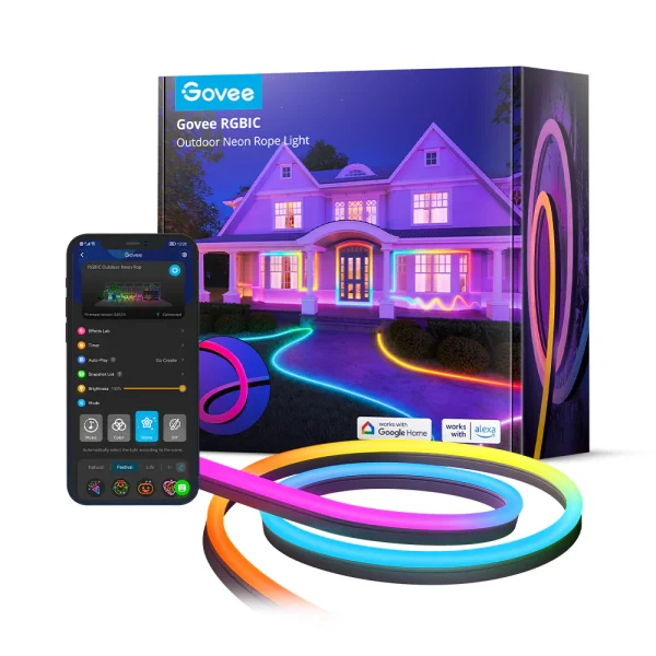 Banda LED Profesionala Govee Neon Rope H61A8 Exterior, IP67, RGBIC, Inteligenta, 10M, 1130lm, 72W, Sincronizare Muzica, Wifi, Bluetooth, Alexa, Google Asistant