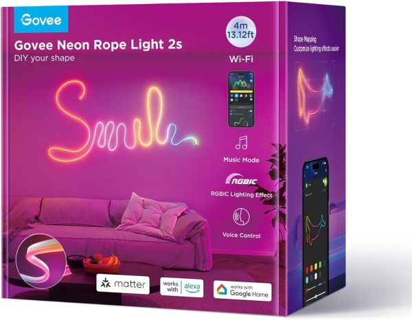 Banda LED Govee Neon Rope 2 H61D4-W RGBIC, Inteligenta, 4m, Sincronizare Muzica, Matter, Wifi, Alexa, Google Asistant - alb - imagine 3