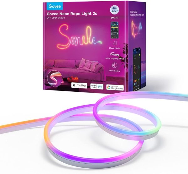 Banda LED Govee Neon Rope 2 H61D4-W RGBIC, Inteligenta, 4m, Sincronizare Muzica, Matter, Wifi, Alexa, Google Asistant - alb