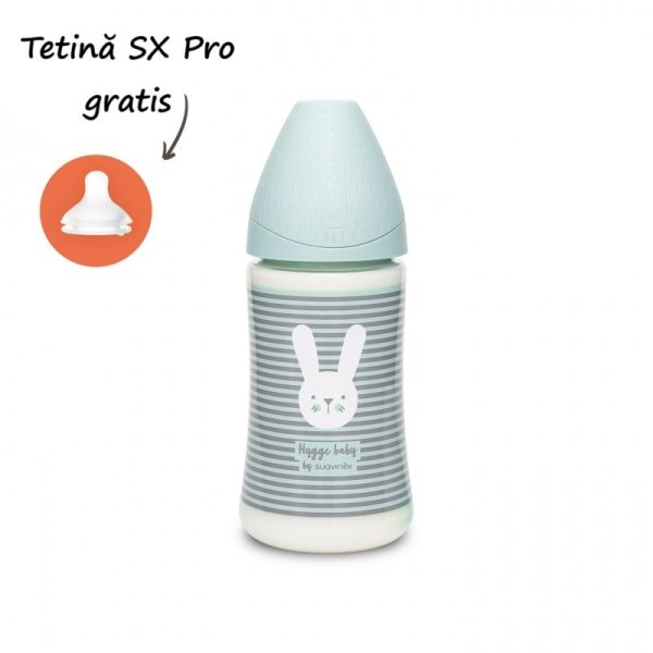 Biberon 270 ml cu tetină rotundă din silicon, 3 fluxuri, iepuraș cu linii verzi, Hygge Suavinex