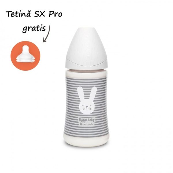 Biberon 270 ml cu tetină rotundă din silicon, 3 fluxuri, iepuraș cu linii gri, Hygge Suavinex