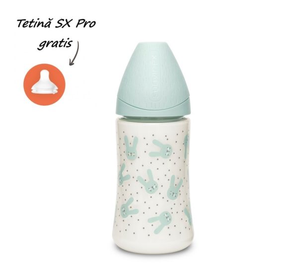 Biberon 270 ml cu tetină rotundă din silicon, 3 fluxuri, iepuraș verde Hygge Suavinex