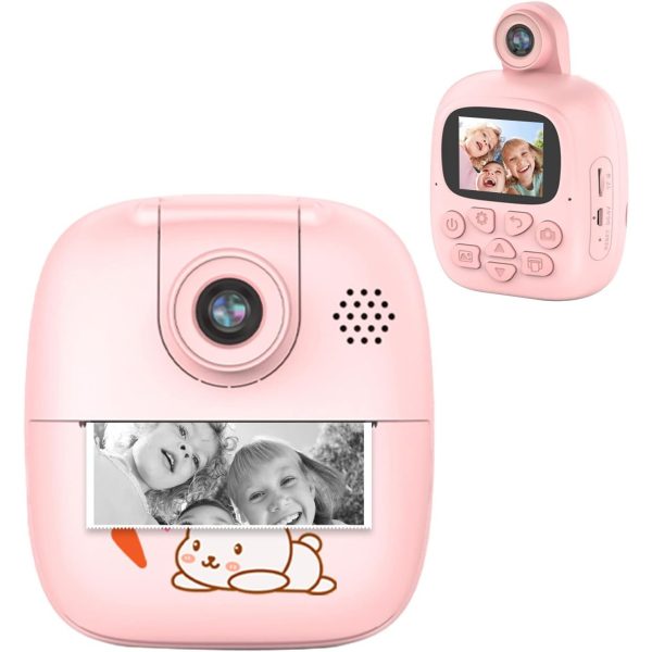 Camera Instantanee pentru Copii, Flippy, Camera Frontala + Selfie, cu Functie de Printare, Cablu USB-C, Bluetooth, Compatibil iOS/Android, Imprimare APP, Model Bunny, Roz