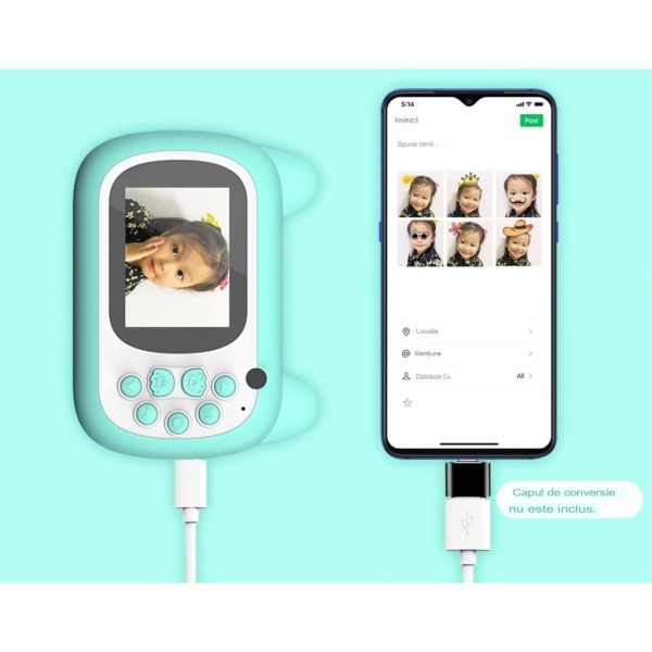 Camera Instantanee pentru Copii, Flippy, Camera Frontala + Selfie, cu Functie de Printare, Cablu USB-C, Bluetooth, Compatibil iOS/Android, Imprimare APP, Model Pisica Smiley Face, Verde - imagine 3