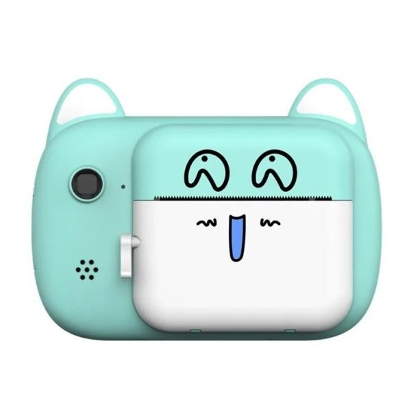 Camera Instantanee pentru Copii, Flippy, Camera Frontala + Selfie, cu Functie de Printare, Cablu USB-C, Bluetooth, Compatibil iOS/Android, Imprimare APP, Model Pisica Smiley Face, Verde