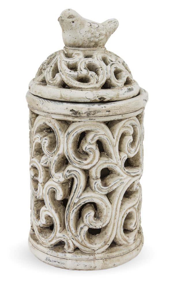 Felinar de piatra, model antichizat, ornament pasare, 24.5x12.5 cm