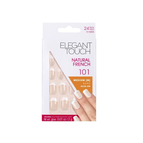 Set, Elegant Touch, Natural French, Square, Artificial Nails, Bare, 101, Size Medium, 24 pcs - For Women