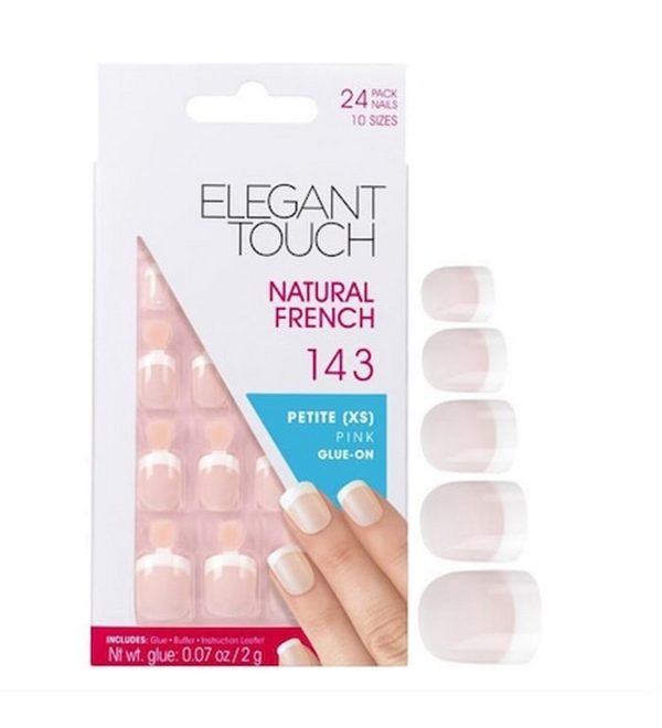 Set, Elegant Touch, Natural French, Square, Artificial Nails, Pink, 143, Petite (XS), 24 pcs - For Women